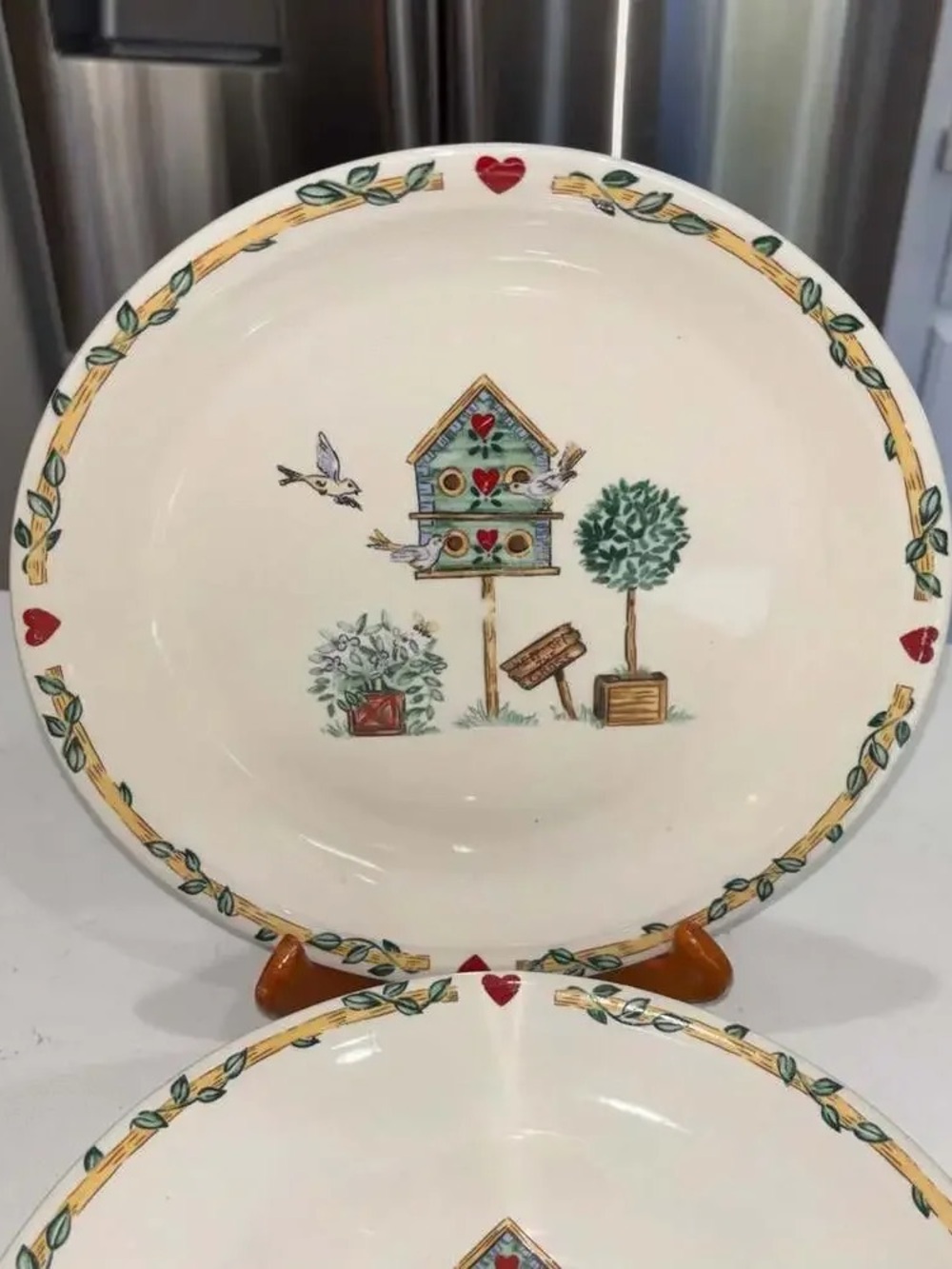 Hand-Painted Birdhouse Ceramic Plate - Cream with Green and Red Accents